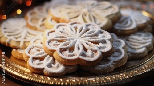 Baked Cookies with Powdered Sugar. Mongolian National Bakery with Ornament Close-up