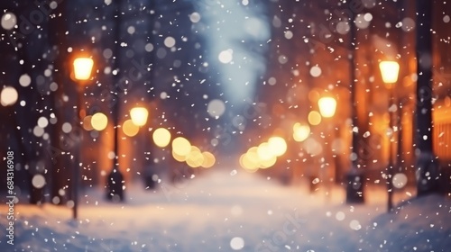 Beautiful blurred street of festive night or evening city with snowfall and Christmas lights