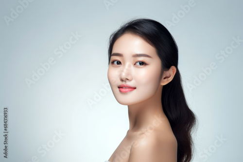 Beautiful young asian woman with clean fresh skin on greay background photo