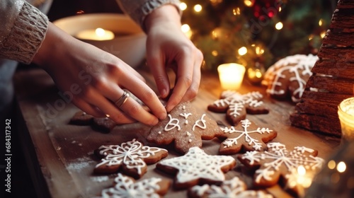 Christmas cookies, female hands decorate gingerbread cookies