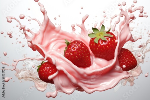 Yogurt splash with strawberries. strawberry yogurt splash isolated on white background. Strawberry and juice splashing on white background. strawberry with milk splash isolated.