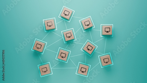 Computer network connectivity concept illustrated with wooden blocks on teal background, IT infrastructure layout, integrated systems and technology framework