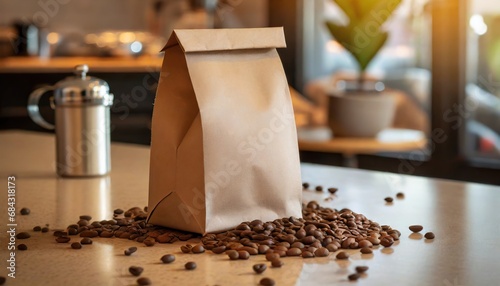 brown coffee paper bag packaging mockup with spilled coffee beans 