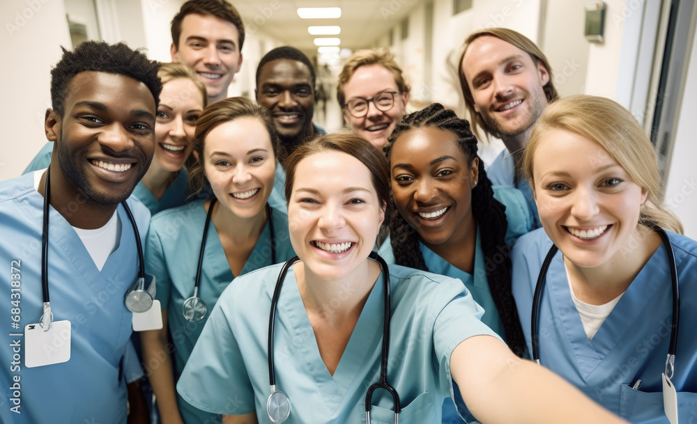Group of doctors and nurses taking selfie in hospital corridor Group of doctors and nurses taking selfie in hospital corridor