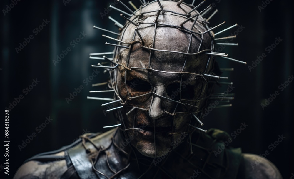 Halloween horror costume, wire head cage, actor  - obrazy, fototapety, plakaty 