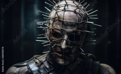 Halloween horror costume, wire head cage, actor  photo