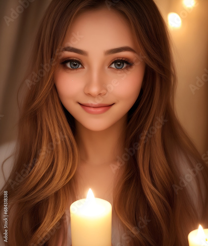 Bathed in the soft glow of candlelight, a woman's eyes sparkle like distant stars, her lips curving into a smile that radiates warmth and mystery.