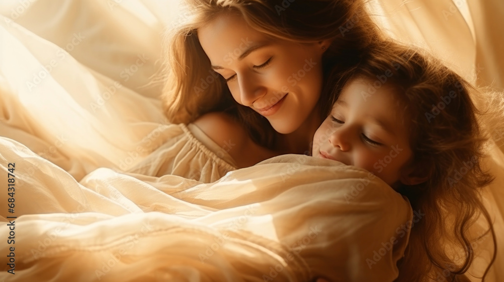 happy woman hug kid, daughter happy woman hug kid, daughter