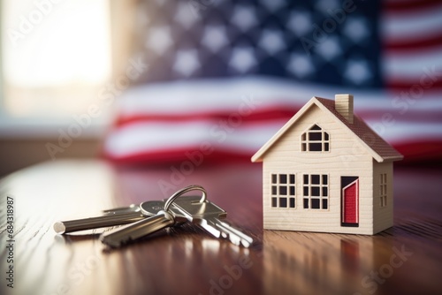 house keys on the desk in front of an American flag