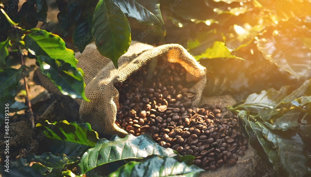 Beautiful light, the vigor of coffee beans, among coffee bushes, open bag with coffee beans slices of green leaves Beautiful light, the vigor of coffee beans, among coffee bushes, open bag with coffee beans slices of green leaves