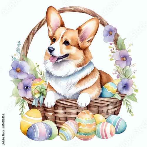 Pastel Easter Pup: Watercolor Illustration of an Adorable Corgi in Easter Basket with Eggs, Decorated with Flowers