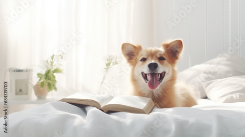 cute happy dog on the bed,look at the camera