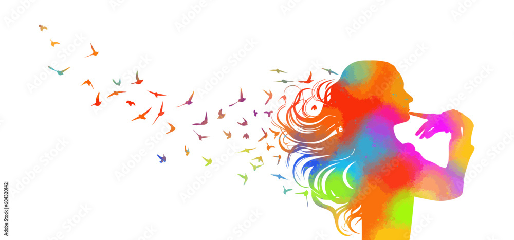 Colored Silhouette of a girl thinking. Thoughts fly like birds. Vector illustration. Emotions or psychology concept. hand drawing. Not AI. Vector illustration
