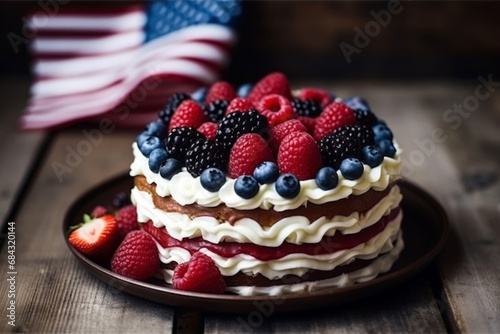 American flag round cake made with berries and cream