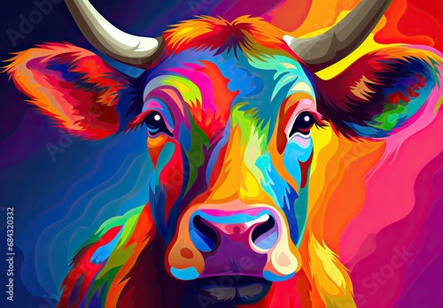 Cow drawn with bright colors. Colorful cow image for advertising and design.