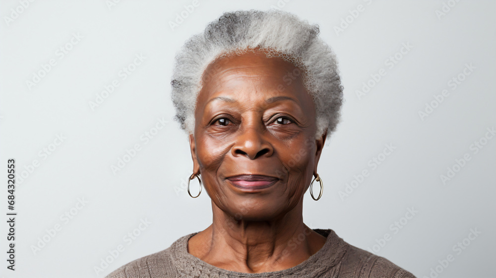Close-up portrait of mature old black woman with short haircut isolated on white background, african-american lady with gray hair smiling. Copy space. AI generated  - obrazy, fototapety, plakaty 