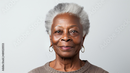 Close-up portrait of mature old black woman with short haircut isolated on white background, african-american lady with gray hair smiling. Copy space. AI generated  photo