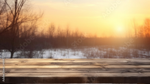Wooden table with winter landscape in the background. AI Generated ©  iiulia