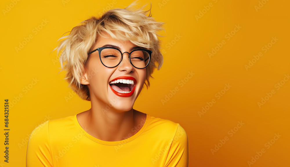 Portrait of a young laughing woman with blond short hairstyle. Isolated over yellow background. Portrait of a young laughing woman with blond short hairstyle. Isolated over yellow background.