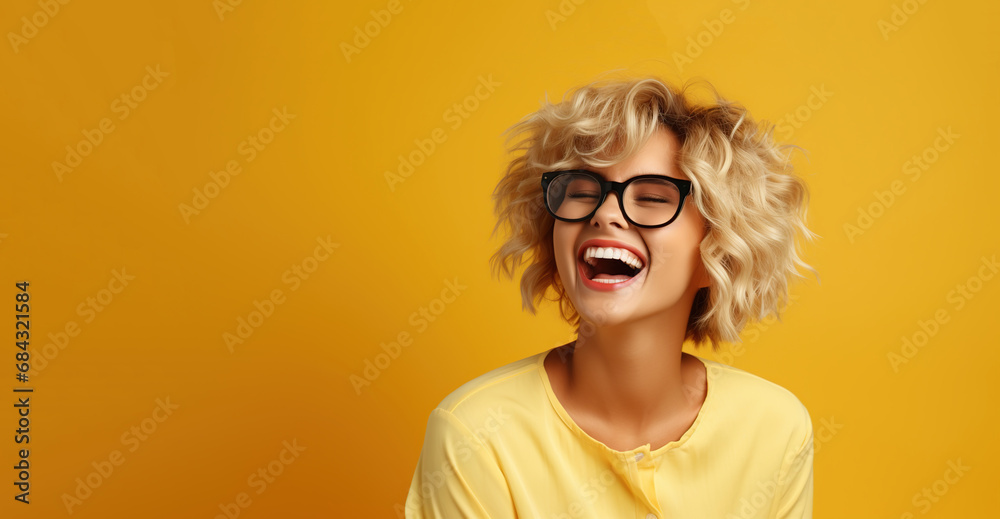 Portrait of a young laughing woman with blond short hairstyle. Isolated over yellow background. Portrait of a young laughing woman with blond short hairstyle. Isolated over yellow background.