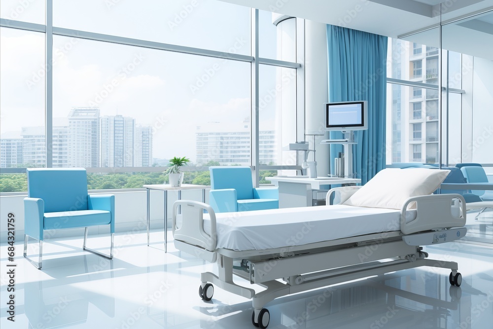 Modern Hospital Room with Bed and Cutting-Edge Healthcare Equipment for Optimal Medical Care Modern Hospital Room with Bed and Cutting-Edge Healthcare Equipment for Optimal Medical Care