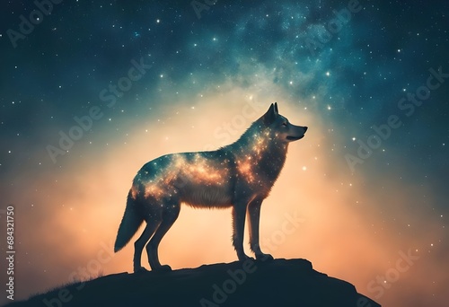 double exposure of wolf and stars