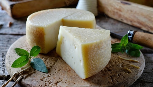 Italian cheese collection, matured pecorino romano hard cheese made from sheep melk, Italian pecorino cheese on a wooden rustic display photo