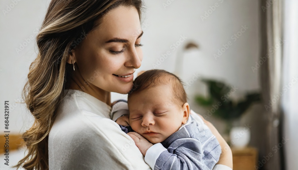 Loving mom carying of her newborn baby at home. Bright portrait of happy mum holding sleeping infant child on hands Loving mom carying of her newborn baby at home. Bright portrait of happy mum holding sleeping infant child on hands