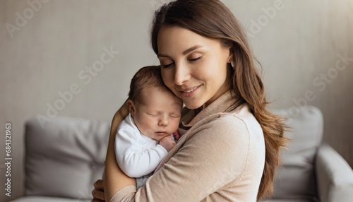 Loving mom carying of her newborn baby at home. Bright portrait of happy mum holding sleeping infant child on hands
