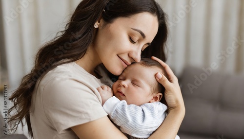 Loving mom carying of her newborn baby at home. Bright portrait of happy mum holding sleeping infant child on hands photo