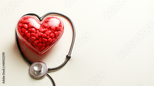 Transparent heart-shaped container filled with an abundance of pills and stethoscope on beige background, suggesting a health care or heart healthy medicine. Copy space