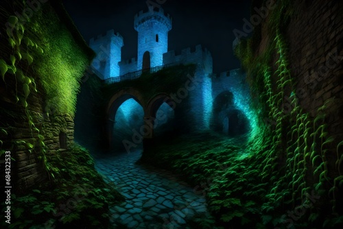 Bioluminescent vines climbing a castle wall