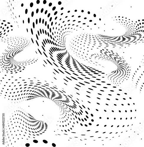 Dotted halftone seamless pattern with multidirectional swirls and curves. Transparent background. Vector.