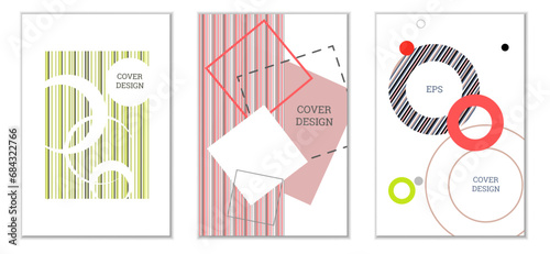 Geometric cover design, set of 3 covers. Abstract unusual background in Memphis style. Bright geometric shapes in random order