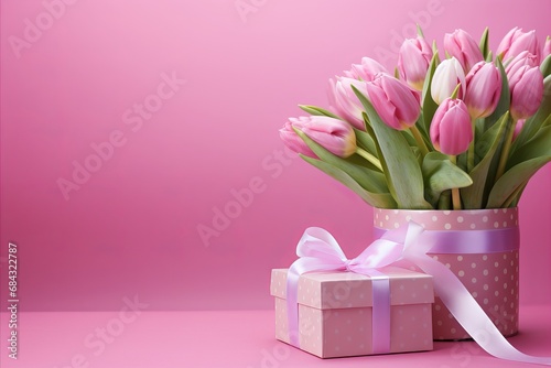 Beautiful Bouquet of Pink Tulips with a Gift Box on a Pink Background - Perfect for Any Occasion