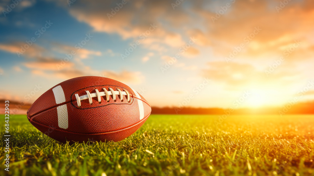 American football ball on green grass field with sunset sky background. Copy space. American football ball on green grass field with sunset sky background. Copy space.