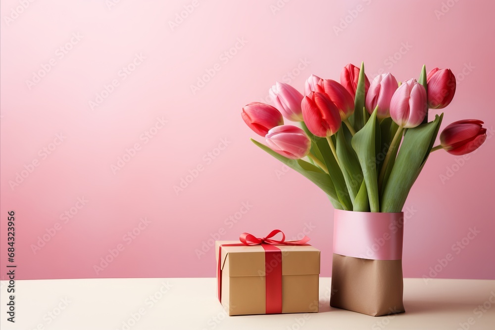 Stunning Bouquet of Pink Tulips with Elegant Gift Box on Vibrant Pink Background Stunning Bouquet of Pink Tulips with Elegant Gift Box on Vibrant Pink Background