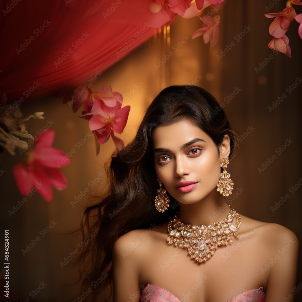 Glittering Elegance: Bollywood Model Adorning Jewelry generative ai