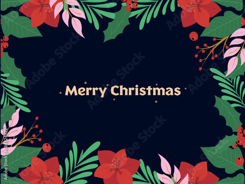 vector Christmas card with fir branches, more plants and principal text Merry Christmas 