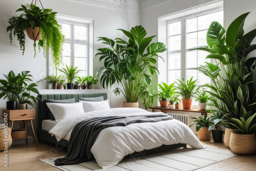 Home garden, bedroom in white and wooden tones. Close-up, bed, parquet floor and many houseplants. Urban jungle interior design. Biophilia concept.