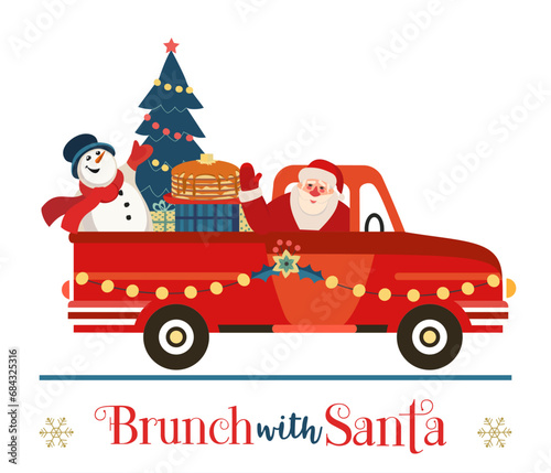 Brunch with Santa Festive Holiday fancy vector poster. Santa deliver pancakes by red truck. Funny breakfast Christmas kids enjoy. New Year eve festive menu invitation background cartoon illustration