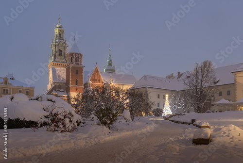 Illuminated Christmas tree on snow at night, Wawel cathedral and castle, Krakow, Poland