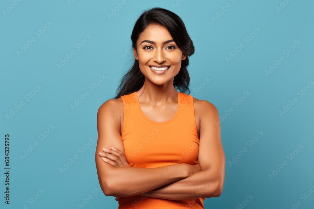 Cool and Confident Indian Woman in Orange Singlet on Blue Background generative ai Cool and Confident Indian Woman in Orange Singlet on Blue Background generative ai