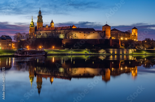 Wawel Castle and Wawel cathedral seen from the Vistula boulevards in the morning