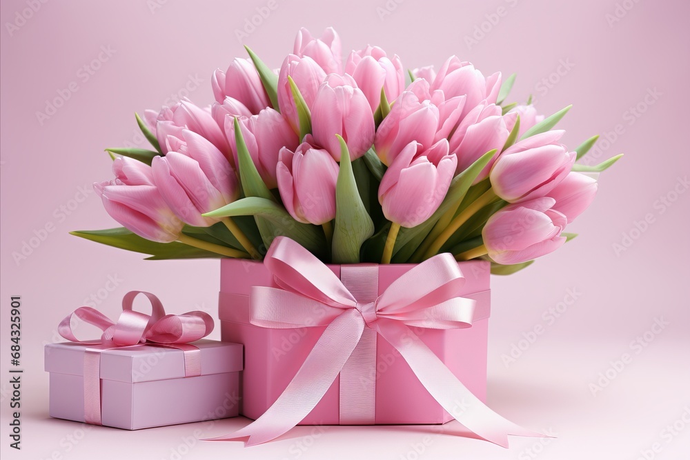 Stunning Bouquet of Pink Tulips with Delicate Gift Box on Elegant Pink Background