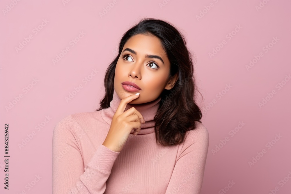 Thoughtful Indian Lady Choosing Product Option on Mockup generative ai