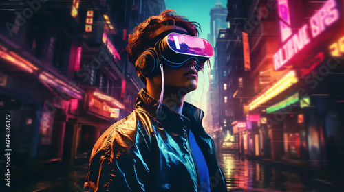 person wearing a virtual reality headset in a futuristic city, retro, neon theme