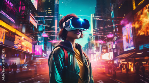 person wearing a virtual reality headset in a futuristic city, retro, neon theme