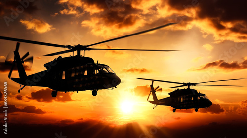 Silhouette of helicopter flying over the sunset sky.