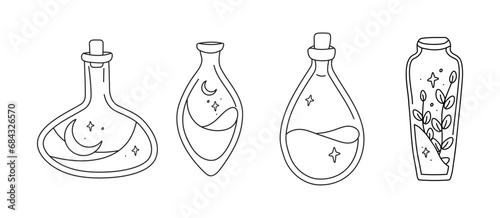 Mystical potion bouttles, hand drawn doodle minimalistic mysterious objects.
